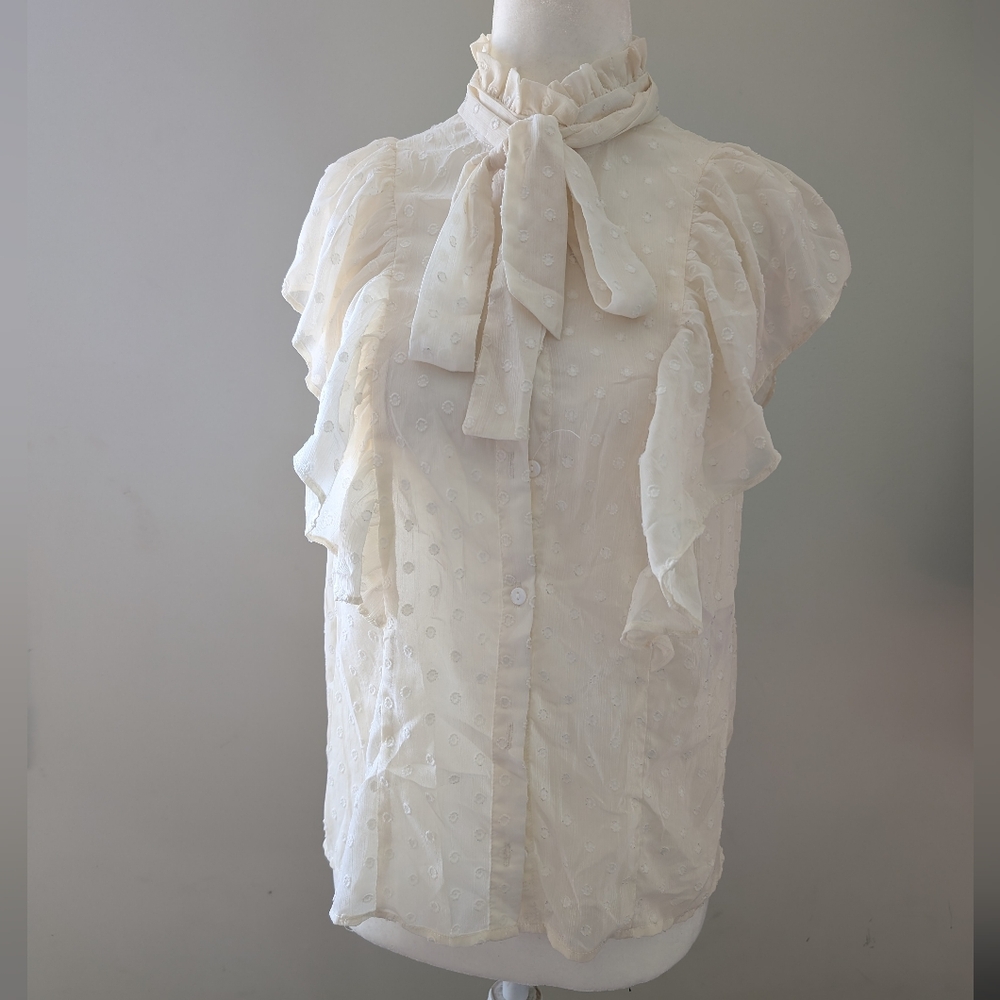 Cream Flutter Sleeve Blouse with Ruffled Tie Front